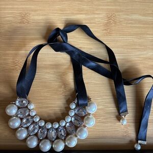 Elegant‎ Pearl and Crystal Necklace with Black Ribbon